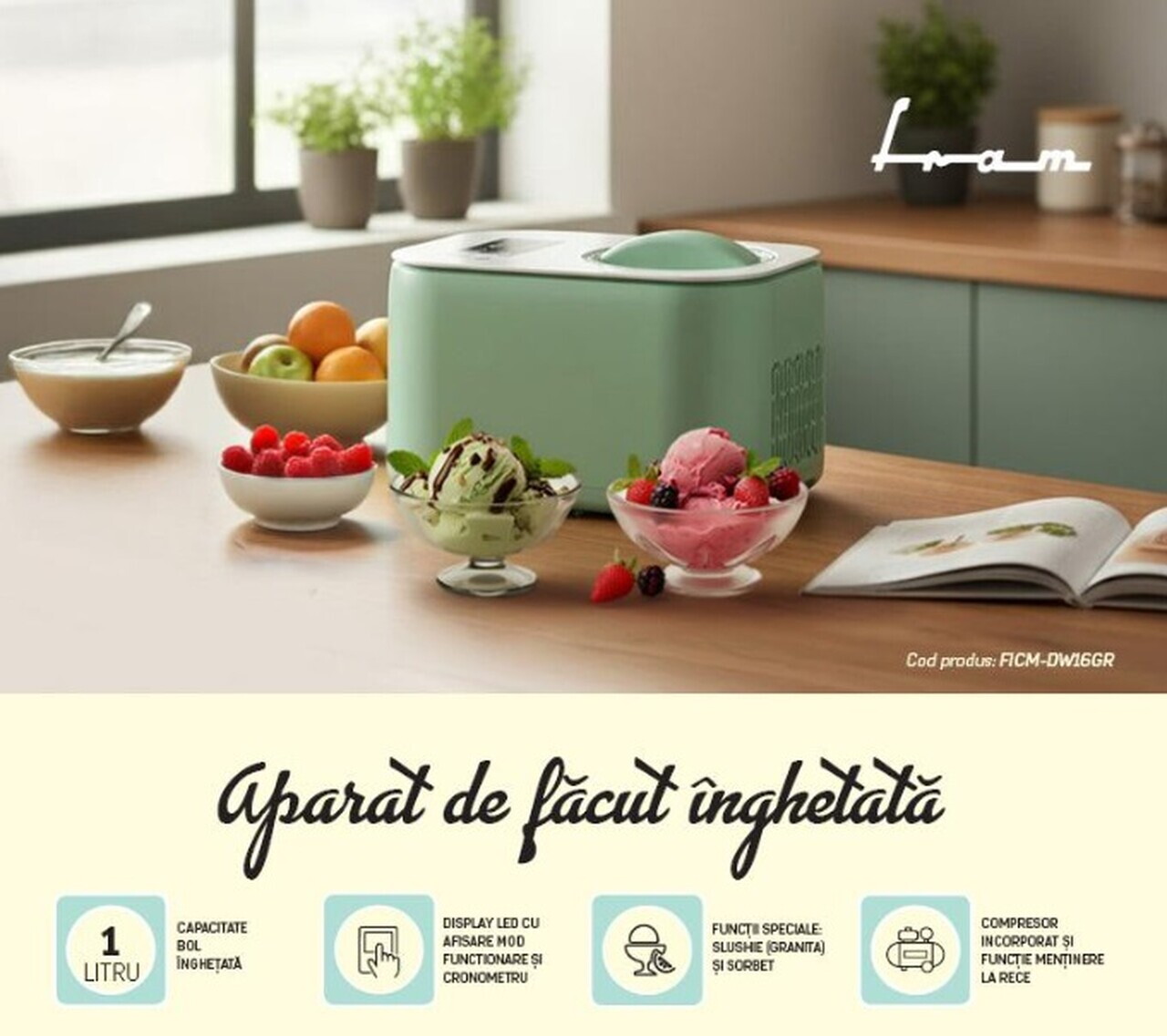 Masina inghetata Fram, 100W, 1L, verde/alb - view 8