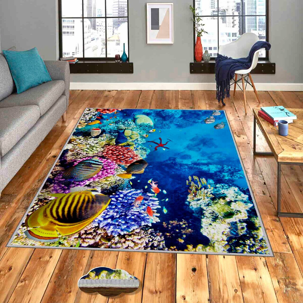 Covor Wookece663 100x300 cm Poliester Albastru / Coral / Galben / Roșu
