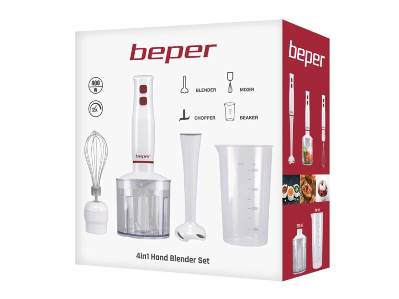 Set blender 4 in 1 Beper, 400 W, 6.5x6.5x36 cm, ABS/inox, multicolor