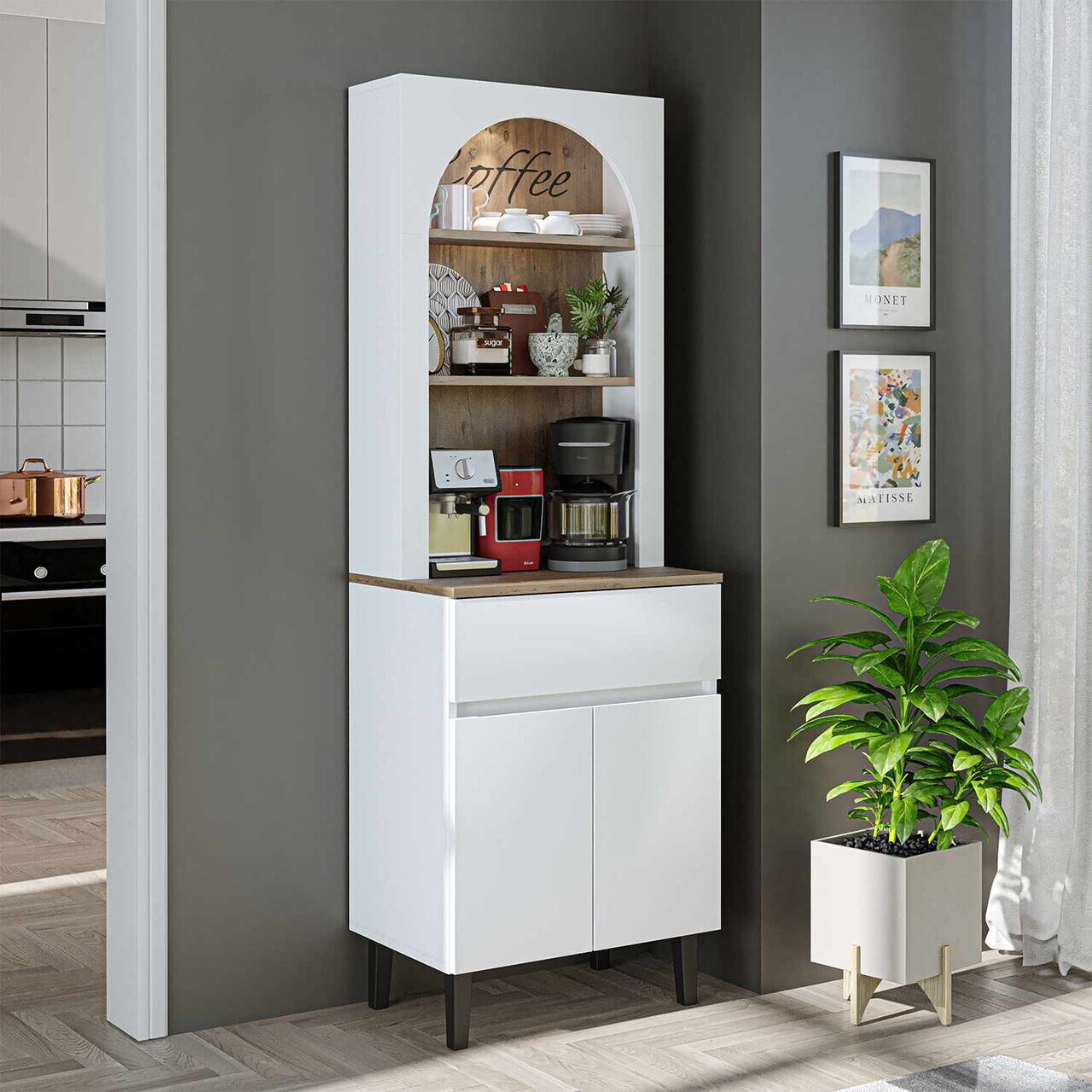 Dulap de bar pentru cafea, Hanah Home, Ledli, 60x179x41.8 cm, PAL, Alb/Pin Atlantic