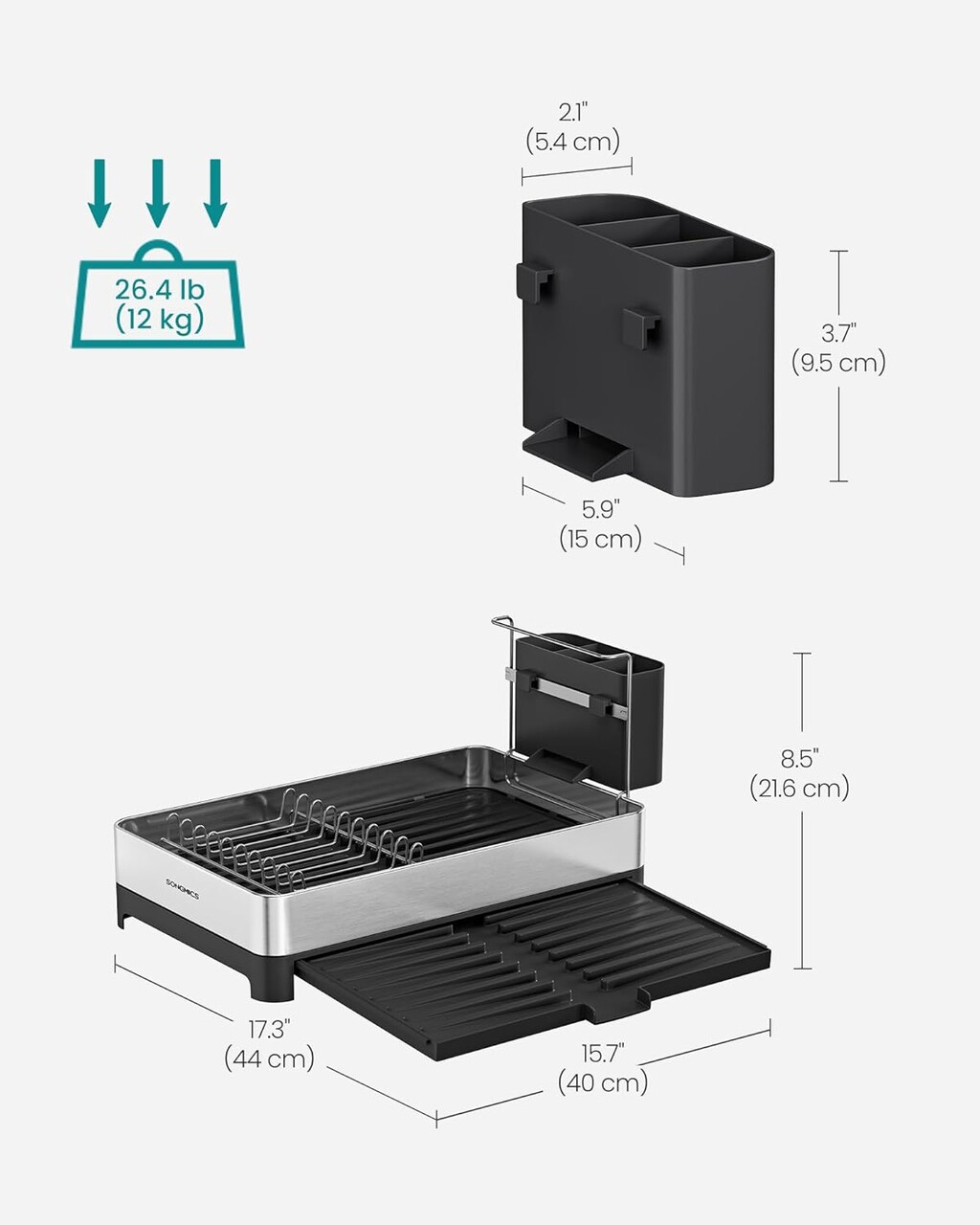 Scurgator pentru vase Vasagle, 25-44x40x21.6 cm, 12 kg, inox/plastic, argintiu/negru - 1 | YEO