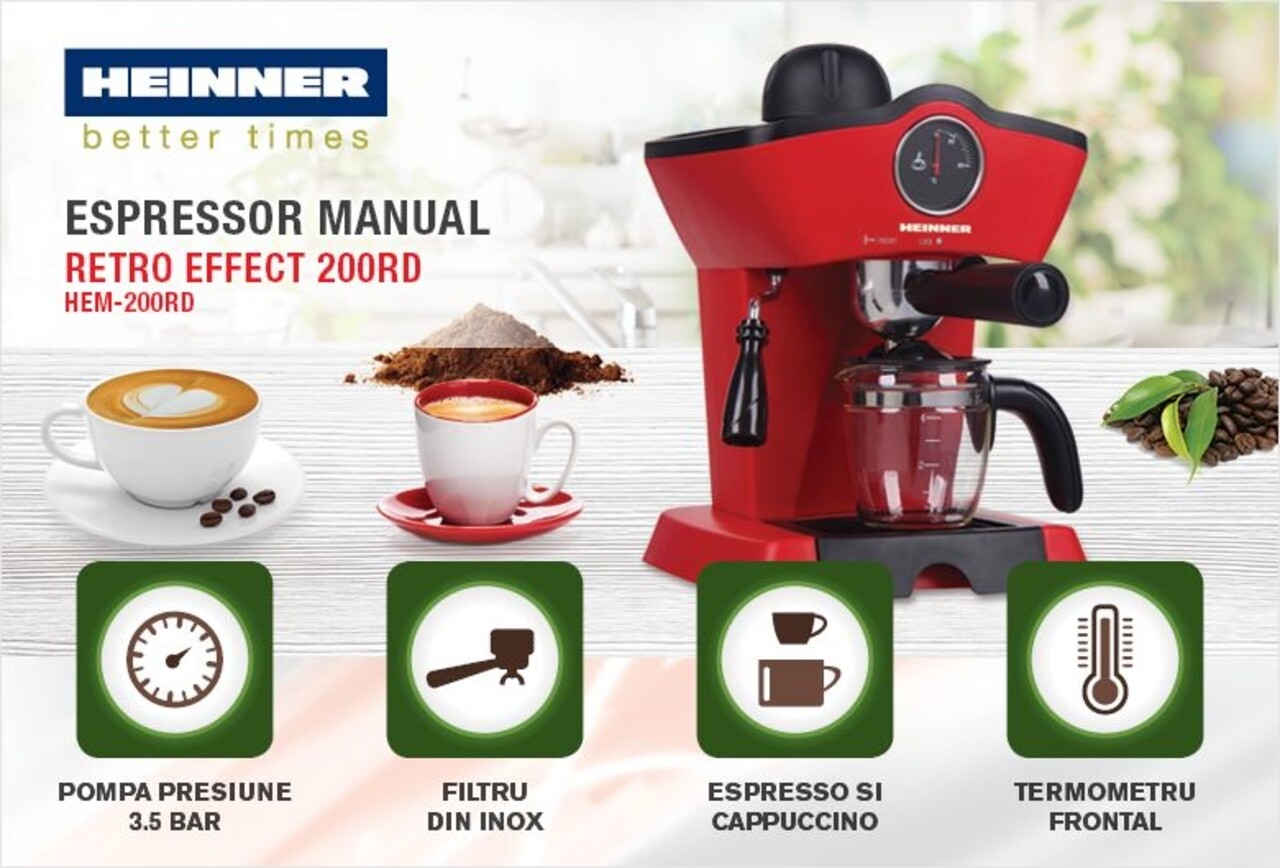 Espressor Charm, Heinner, 800 W, 250 Ml, Rosu