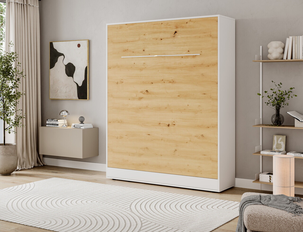 Pat rabatabil vertical cu biblioteca si iluminare LED, 160x200 cm, ELTAP, Devesto, PAL/metal, alb/natur - view 14