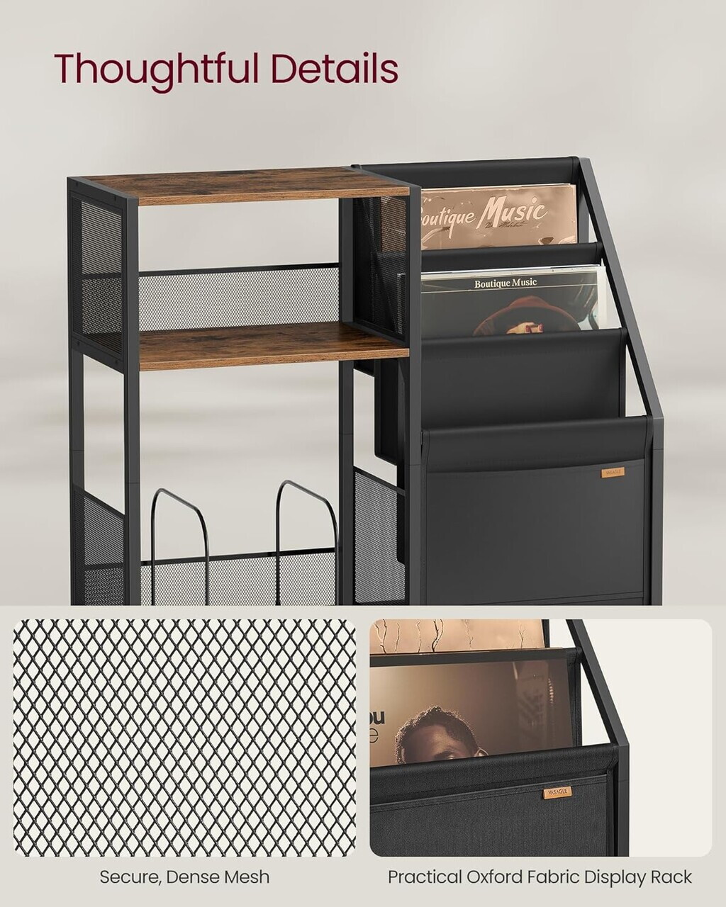 Suport pentru pick-up, Vasagle, spatiu depozitare pana la 140 discuri, 81x30x69 cm, maro rustic - imagine 4