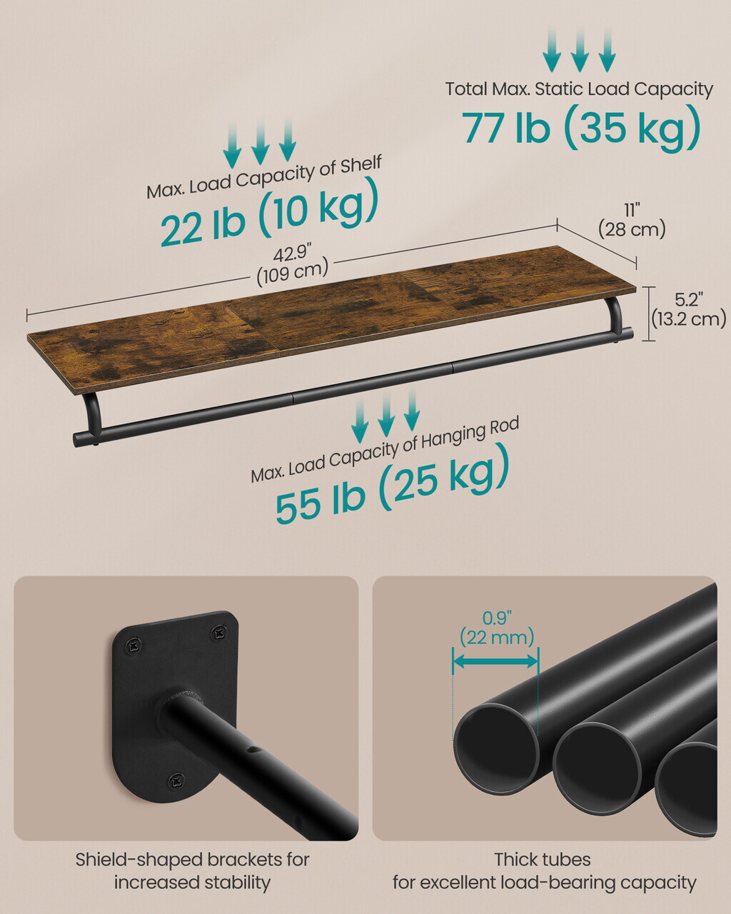 Cuier de perete cu raft si bara, Songmics, 109x28x13.2 cm, PAL/otel, maro - imagine 4