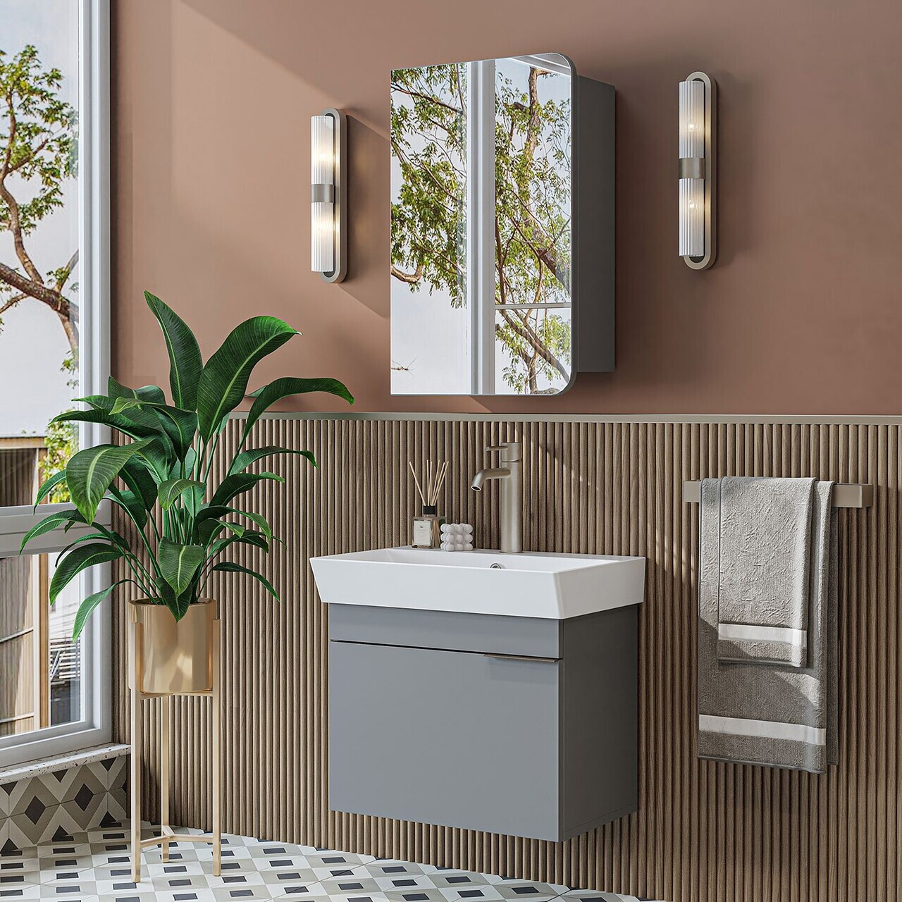 Set Dulap de Baie cu Chiuvetă și Oglindă (2 Piese), Hanah Home, 2928, MDF, Frasin