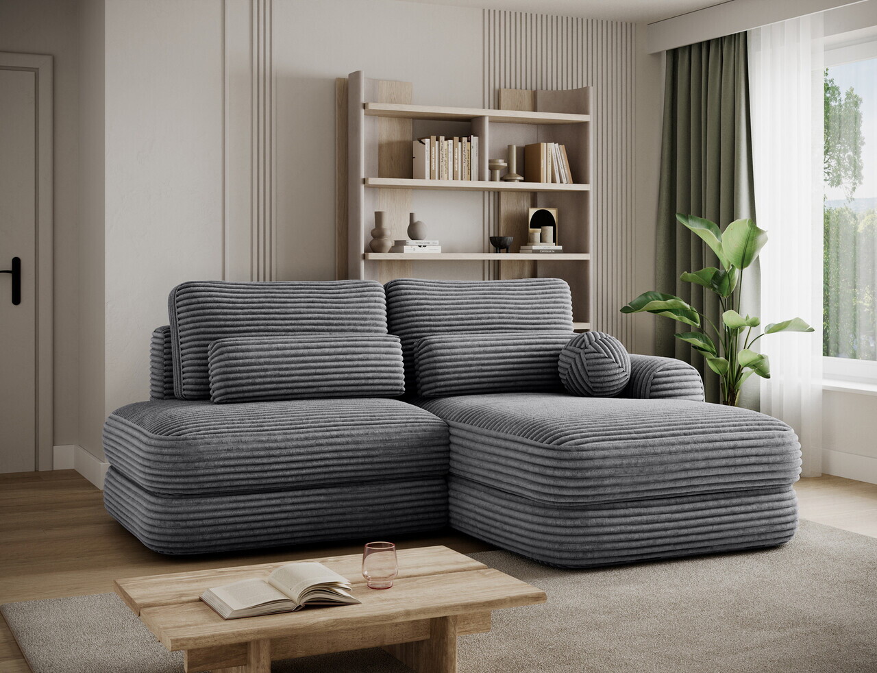 Coltar extensibil dreapta 3 locuri ELTAP, Ripeli, 217x175x96 cm, lemn/catifea din poliester, gri inchis — imaginea 2