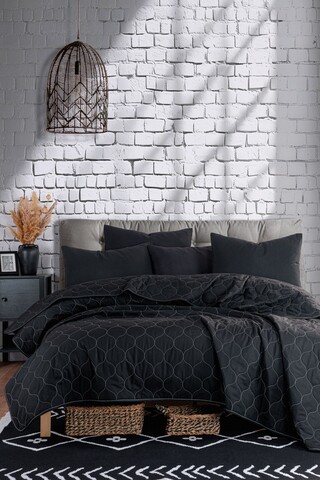 Set cuvertura de pat dubla 3 piese, Solid - Black, Eponj Home, 65% bumbac/35% poliester