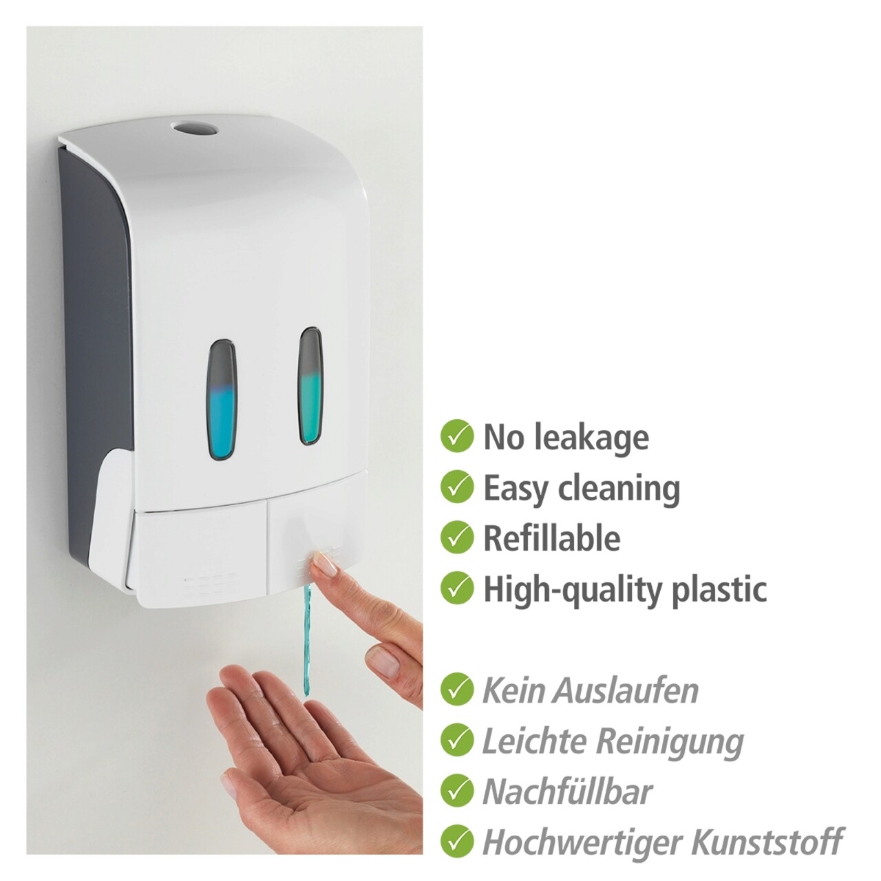 Dozator sapun lichid si dezinfectant, Wenko, 2 Chamber, 14.5 x 9 x 24 cm, 480 ml, plastic, alb/gri - view 5