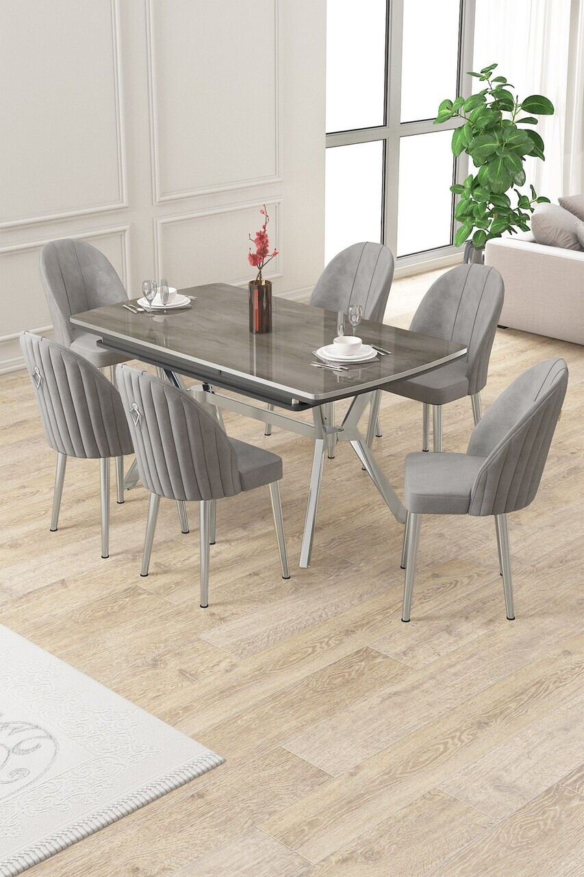 Set masa extensibila si scaune (7 piese), Hanah Home, Sim, Antracit / Crom / Gri