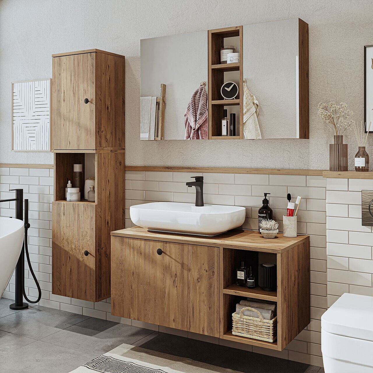 Set Dulap de Baie cu Chiuvetă și Oglindă (3 Piese), Hanah Home, 2523, MDF, Maro