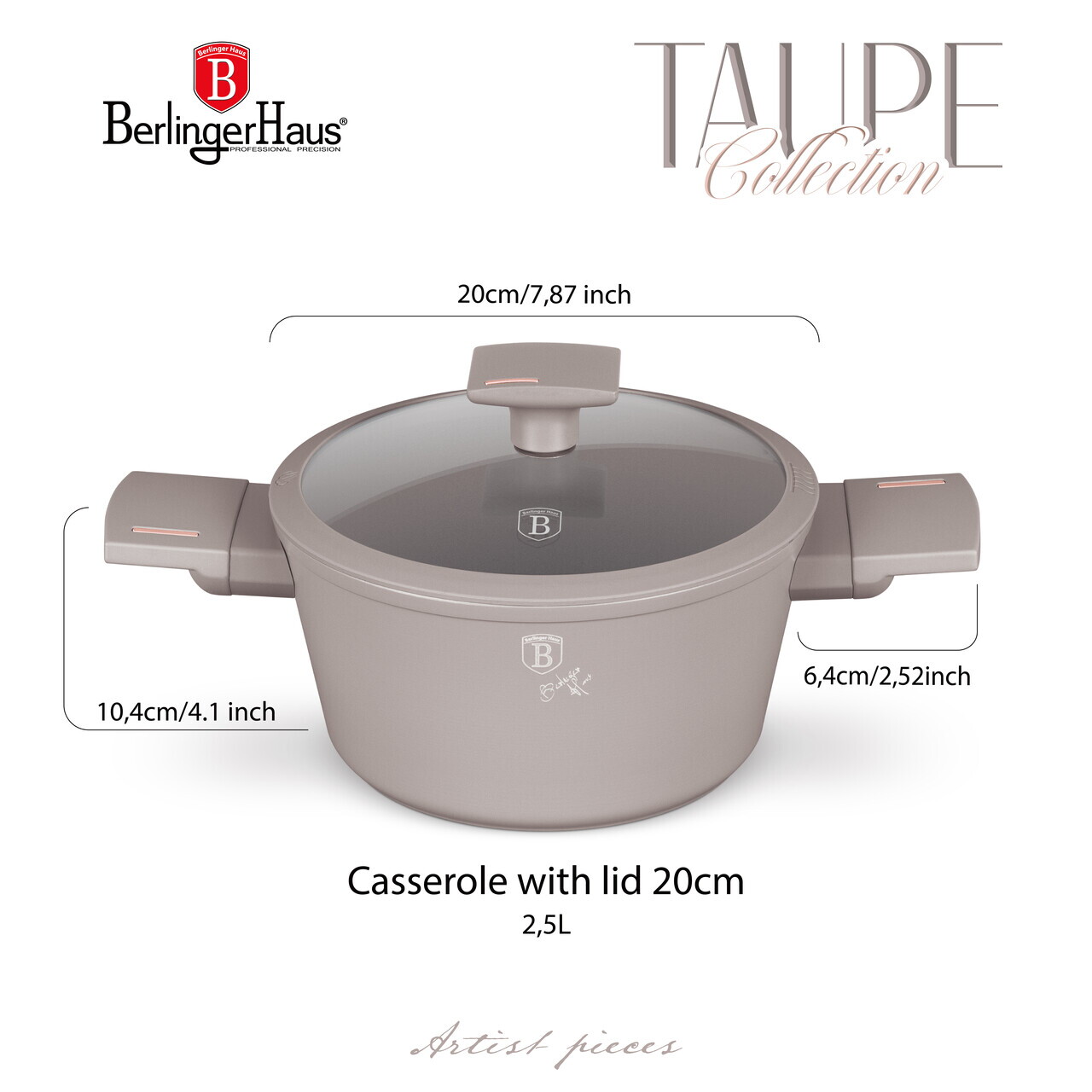 Oala cu capac Berlinger Haus, Taupe, 20 cm, 2.5 L, aluminiu forjat, taupe mat - imagine 8