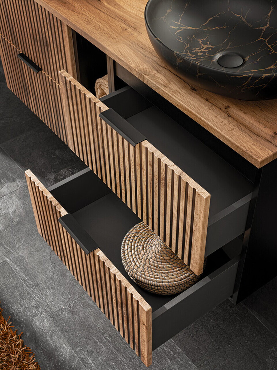 Set mobiler baie, dulap cu lavoar, 80 cm Wotan, Xilo, Comad, MDF/PAL laminat, stejar wotan/ gri piatra — imaginea 2