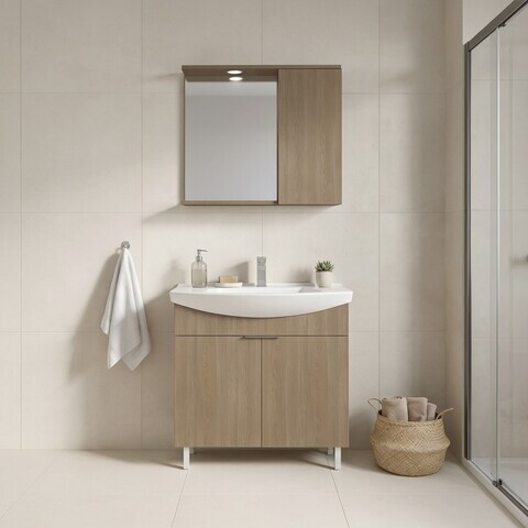 Set Dulap de Baie cu Chiuvetă și Oglindă (2 Piese), Hanah Home, Purus 80, Stejar