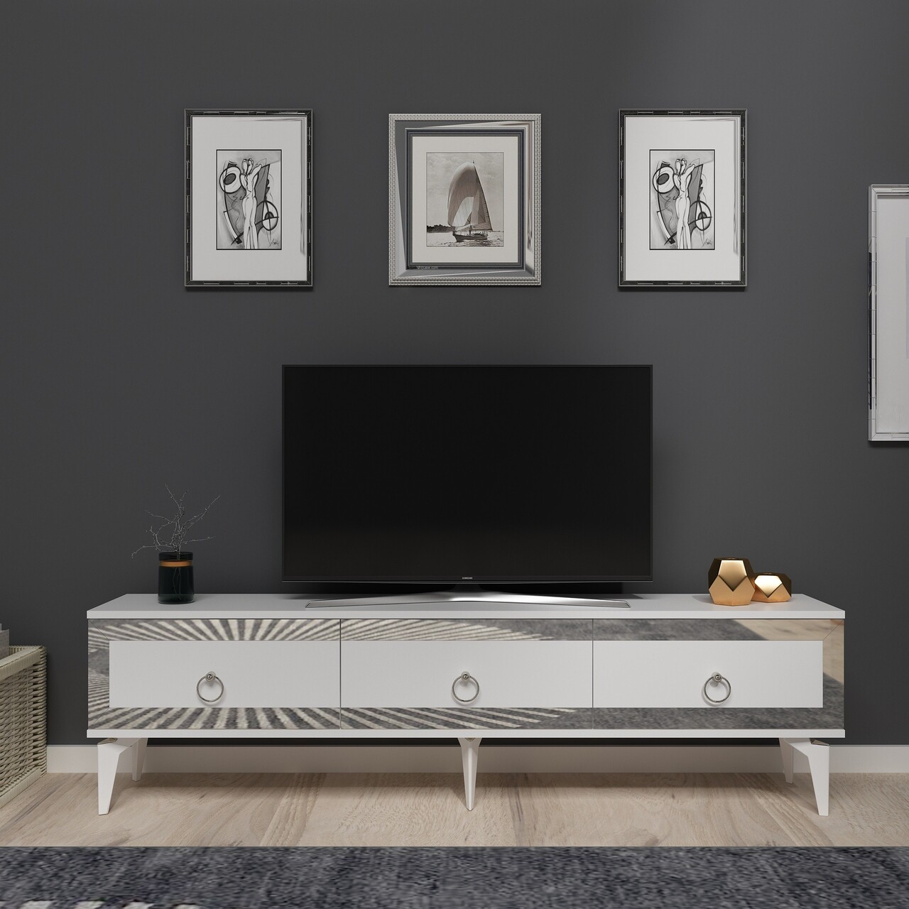 Comoda TV, Olivia, Ponny, 180x44.6x29.6 cm, PAL , Alb / Argintiu - 1 | YEO