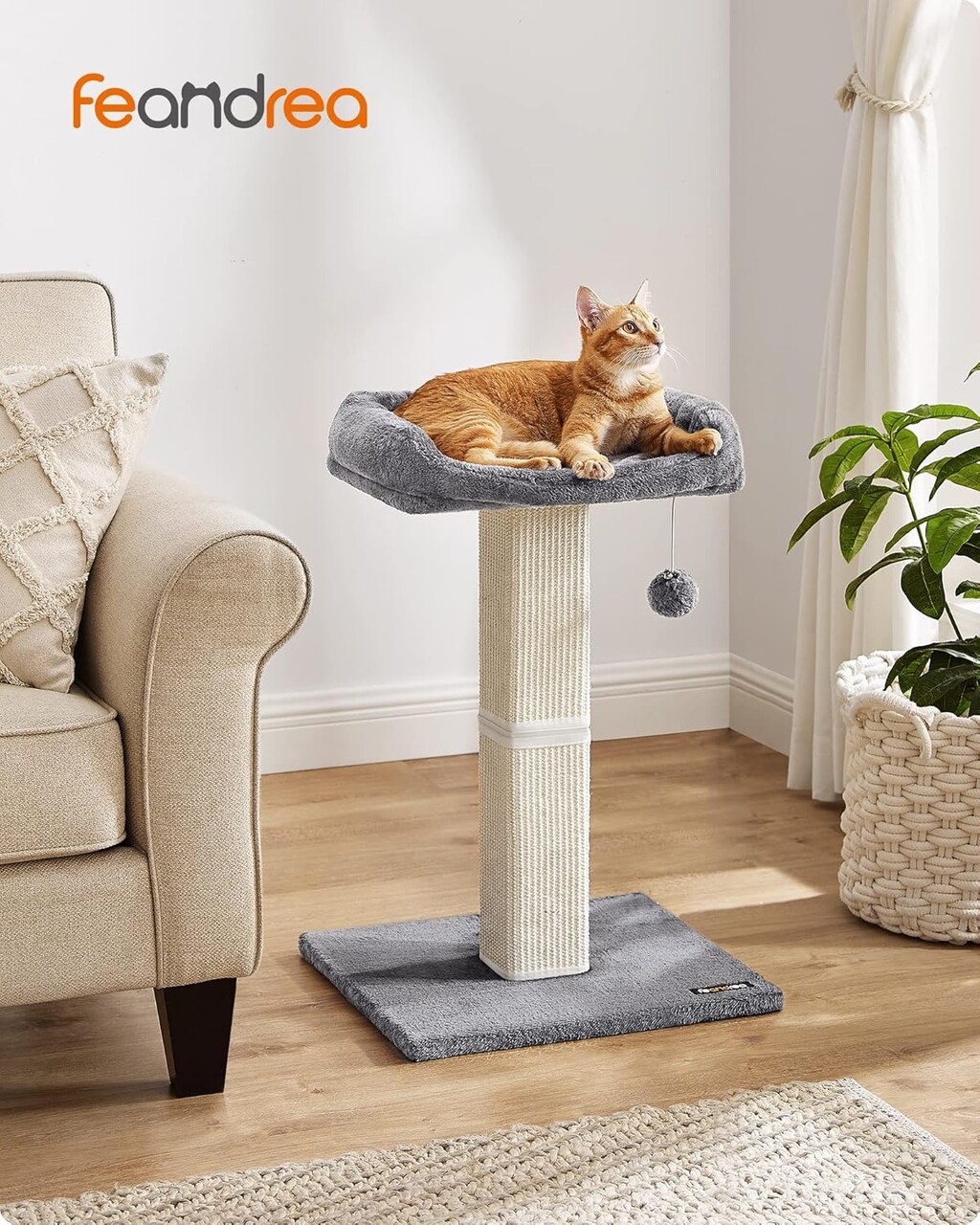 Stalp de zgariat pentru pisici / turn de catarat pentru pisici, Feandrea, 50x40x68 cm, MDF/plus/sisal, gri deschis