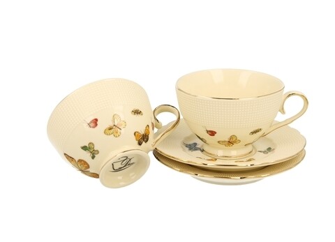 Set 2 cesti espresso cu farfurie Butterfly, Duo, 125 ml, portelan, multicolor