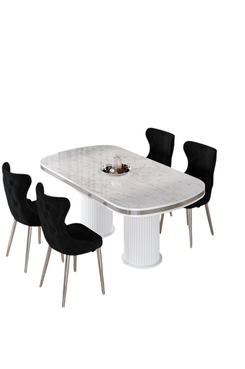 Set masa si scaune (5 piese), Hanah Home, Galya, Model de marmură albă / Crom / Negru — imaginea 2