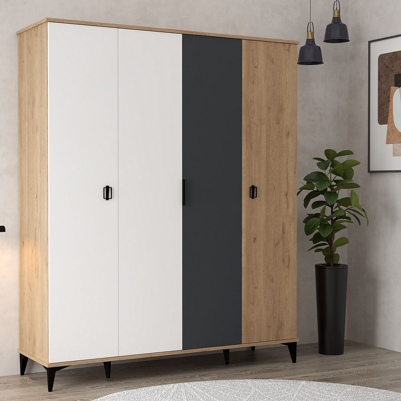 Dulap pentru haine, Hanah Home, Neva 6402, 164x200x52 cm, PAL, Stejar / Alb / Antracit — imaginea 3