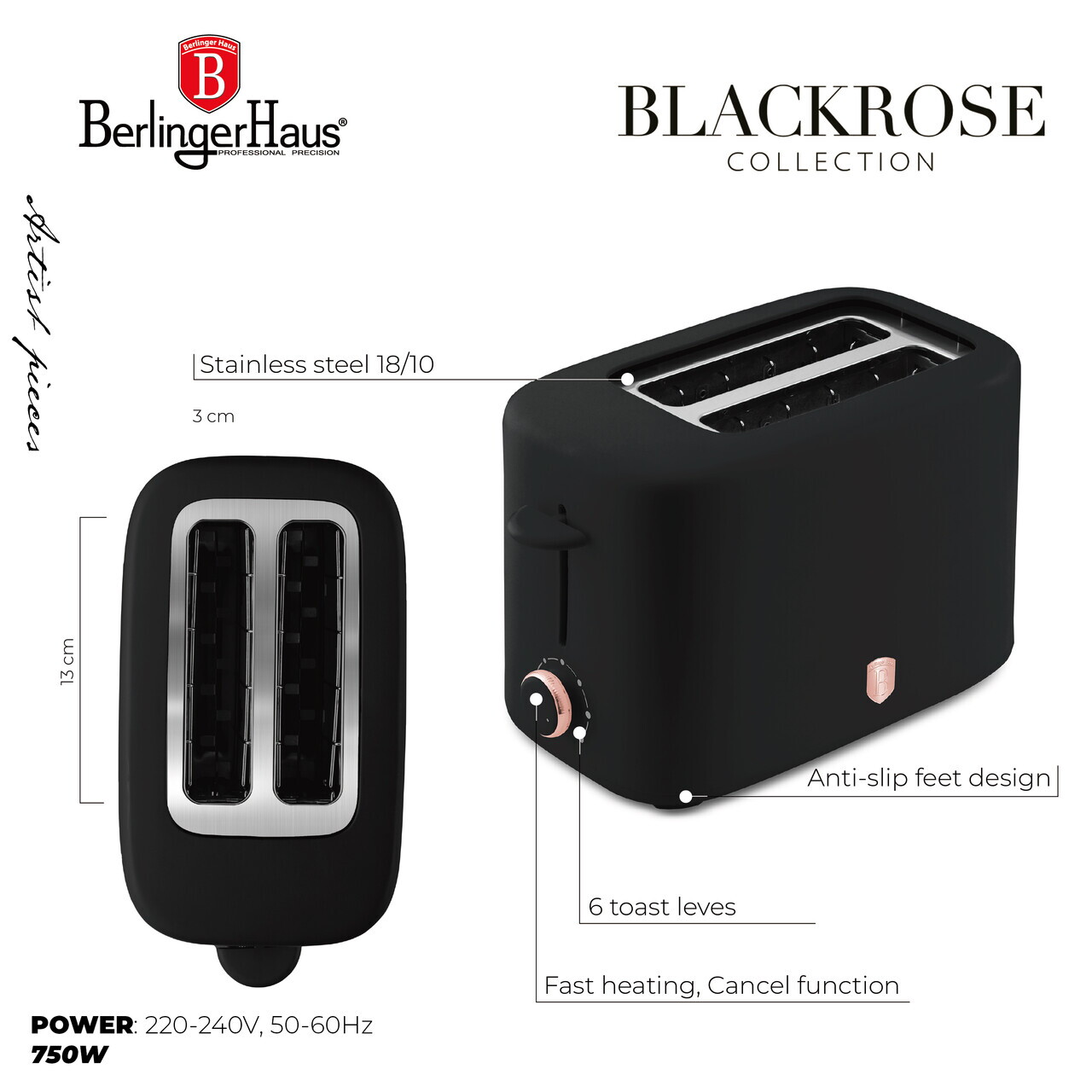 Prajitor de paine cu capac Berlinger Haus, Black Rose, 750W, inox, negru - imagine 8