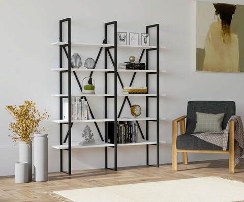 Corp biblioteca, puqa design, kınalı, 126x160x26 cm, pal, alb negru