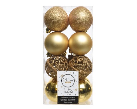 Cutie cu 16 globuri asortate Gold Mix, Decoris, plastic, auriu