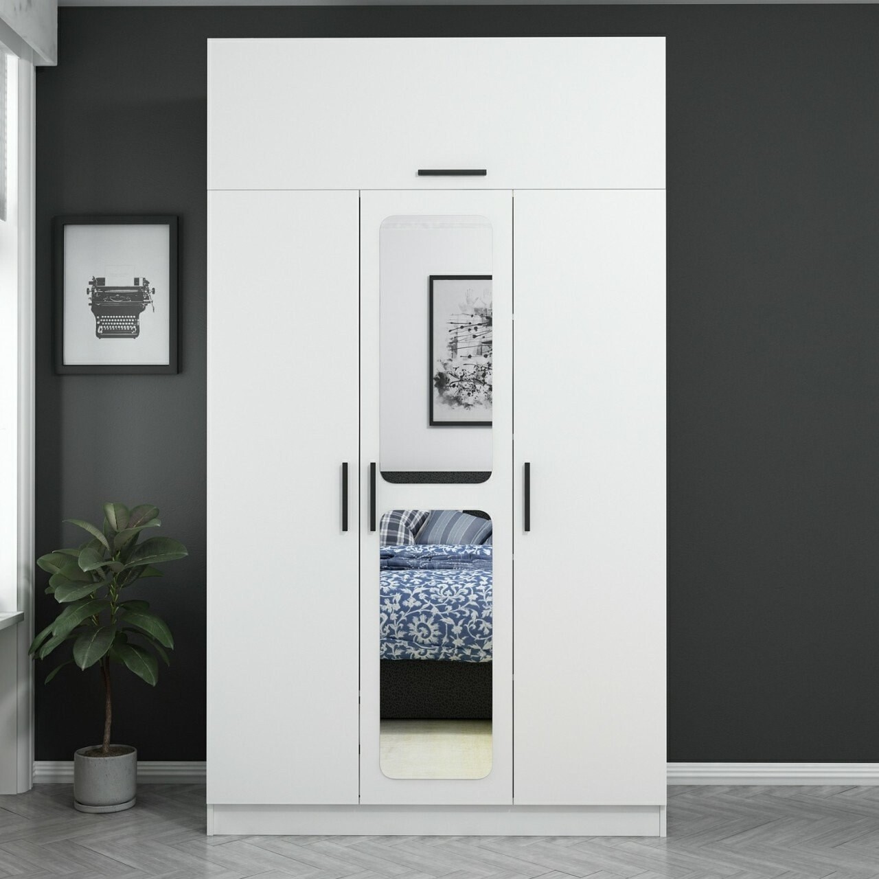Dulap pentru haine, Minerva, Kale 3 Kapak Aynalı 235, 135x235x52 cm, PAL, Alb - 1 | YEO