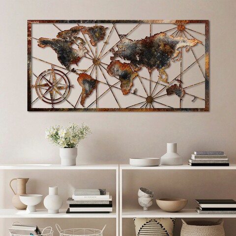 Decoratiune de perete, world map large, metal, latime: 120 cm / inaltime: 60 cm, multicolor