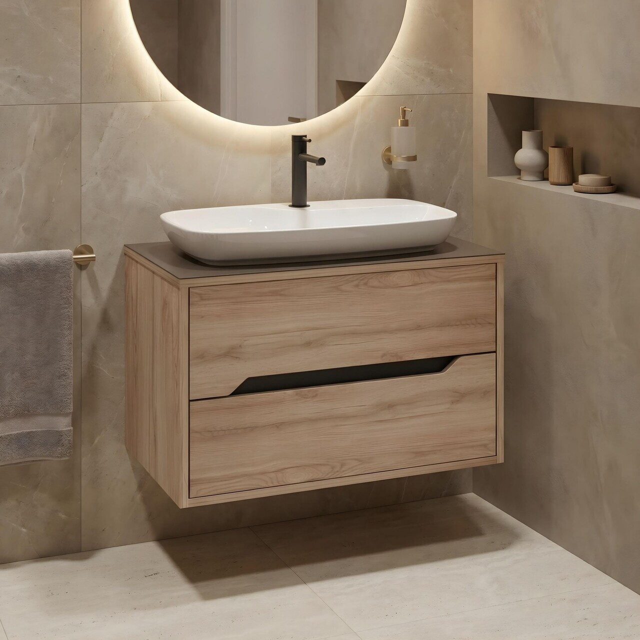 Dulap de baie cu chiuvetă, Hanah Home, Galia 80 v2, Stejar — imaginea 2
