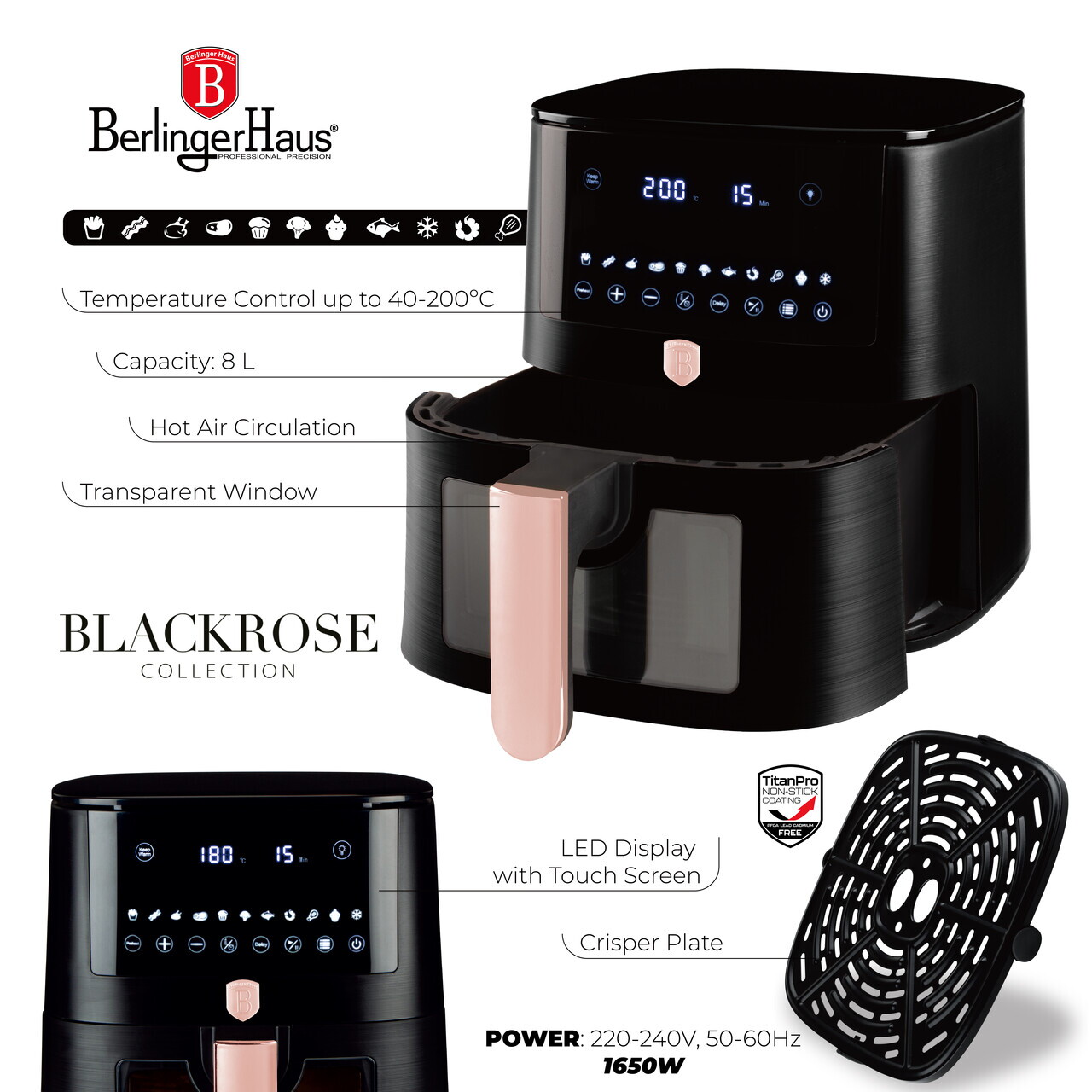 Friteuza cu aer cald si fereastra Berlinger Haus, Black Rose, 38.8x30x32.4 cm, 8 L, 1650W, negru - imagine 9