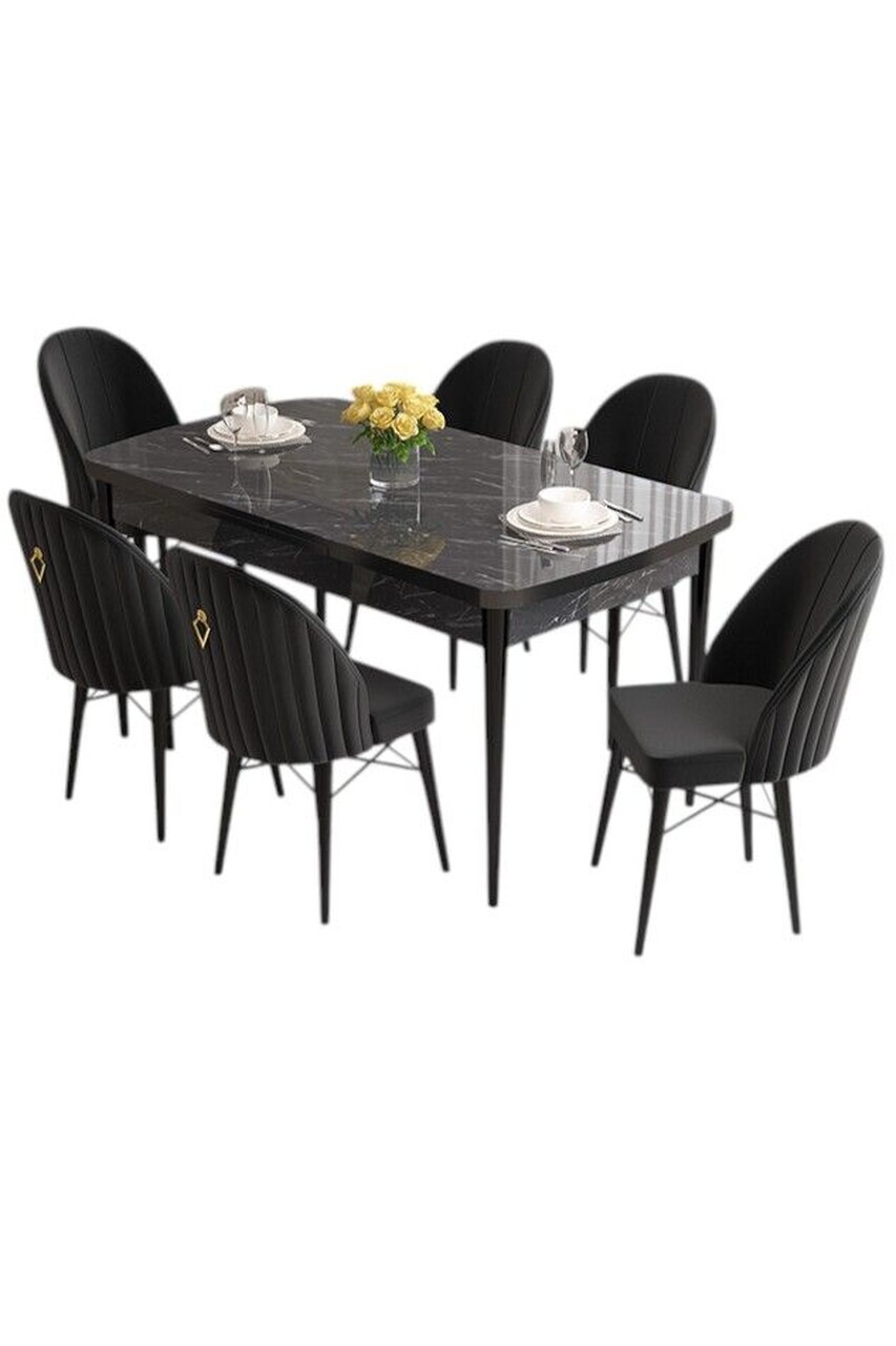 Set masa extensibila si scaune (7 piese), Hanah Home, Elf, Model de marmură neagră / Negru — imaginea 2