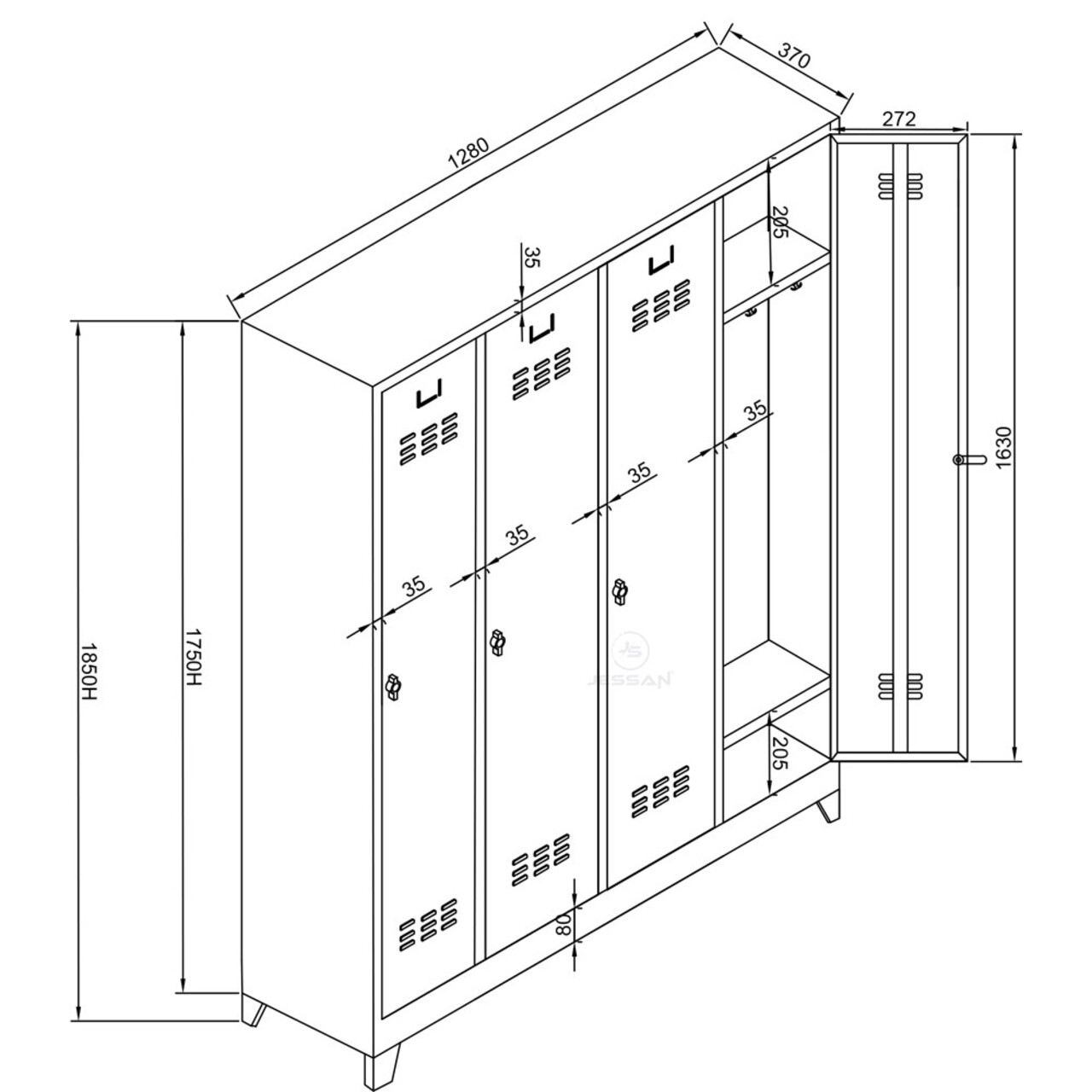 Dulap de depozitare cu incuietoare, Shelvoria, Js1029Sı, 128x185x37 cm, Otel, Gri/Negru