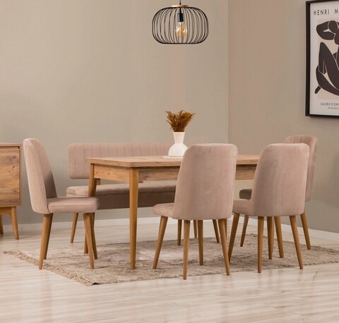 Set masă și scaune extensibile (6 bucăți), Vella, Vina, Pin Atlantic / Piatră