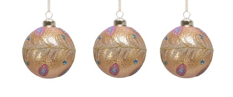 Set 3 globuri Peacock design glitt, Decoris, Ø8 cm, sticla, auriu