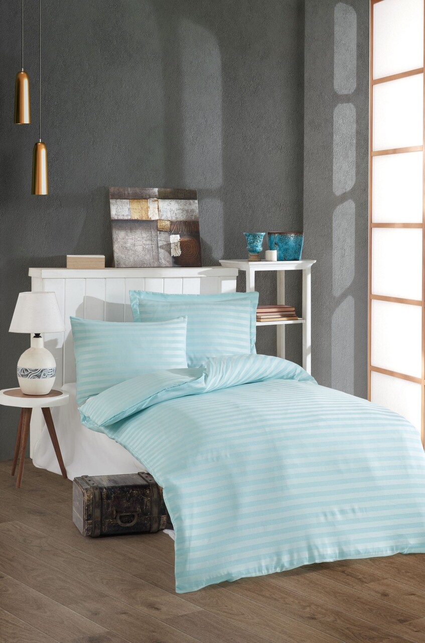 Lenjerie de pat pentru o persoana 2 piese, Water Yollu Saten - Mint, EnLora Home, Bumbac;Poliester