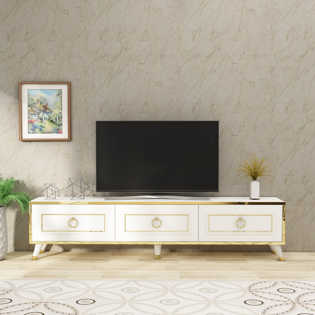 Comoda TV, Arnetti, Sona, 45x180x29.5 cm, PAL, Alb/Auriu - 1 | YEO