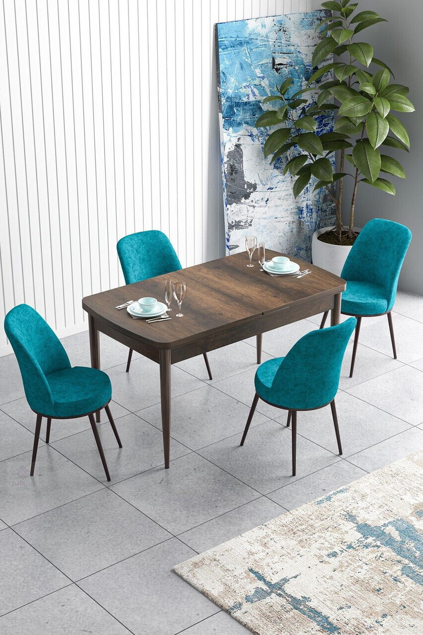 Set masa extensibila si scaune (5 piese), Hanah Home, Han, Model baroc din lemn / turcoaz