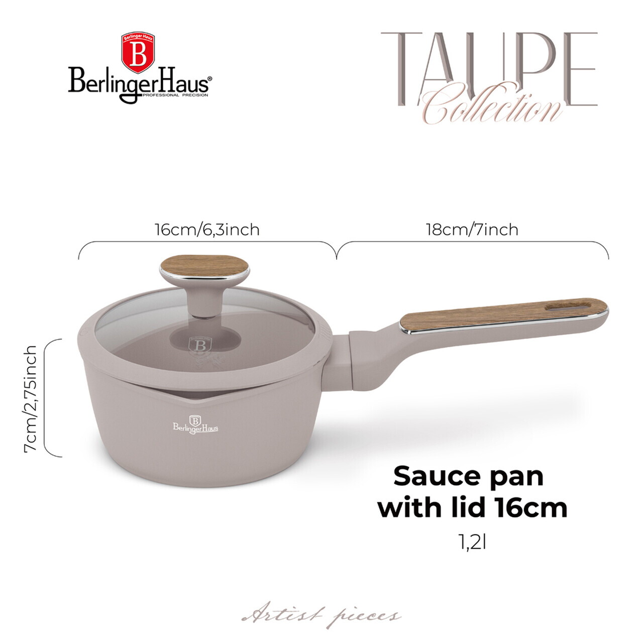 Cratita cu capac Berlinger Haus, Taupe Nordic, 16 cm, 1.2 L, aluminiu forjat, taupe mat/natur - imagine 16