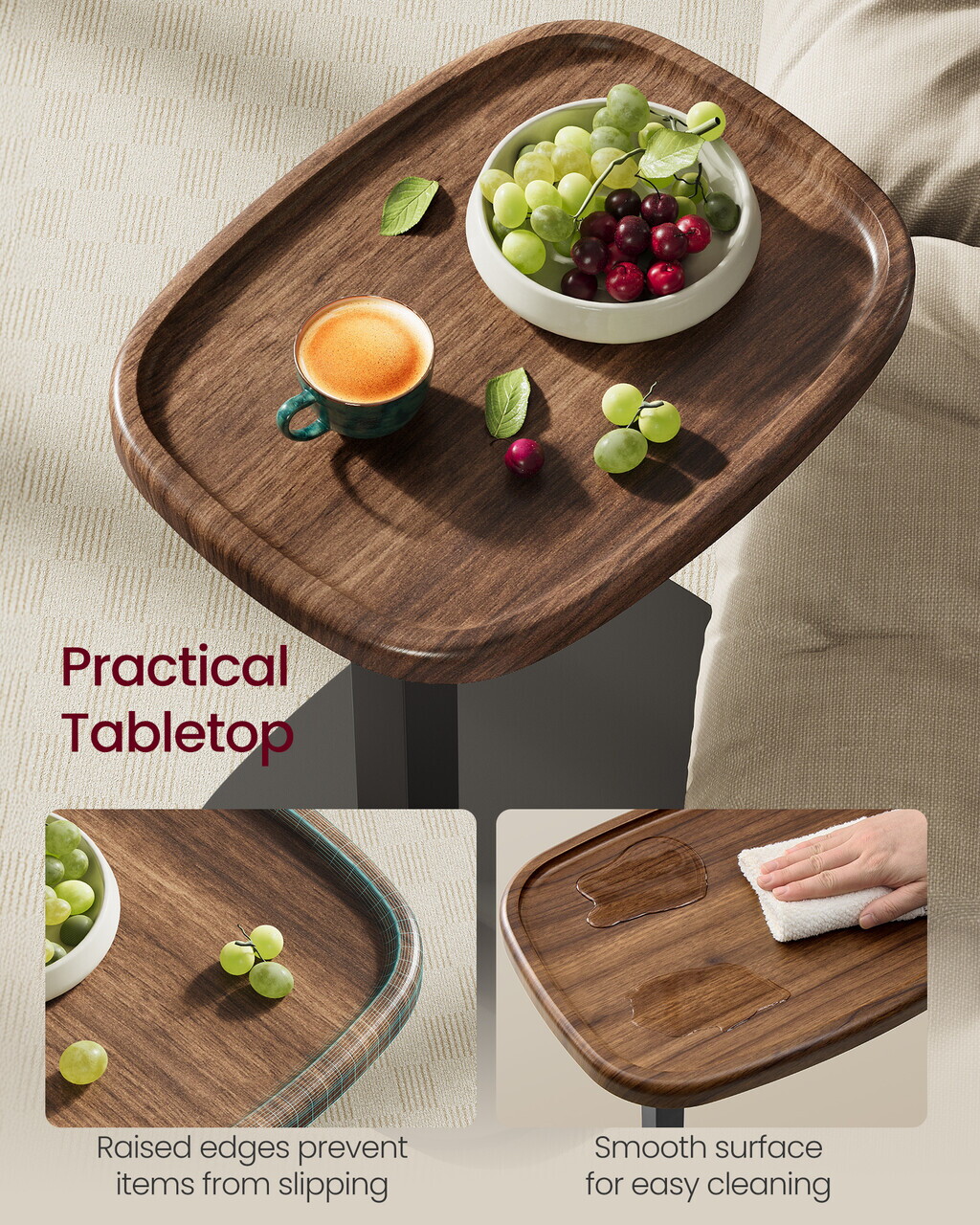 Masuta laterala cu inaltime regrabila, design in forma de C, Vasagle, 40x30x69 cm, maro - imagine 6