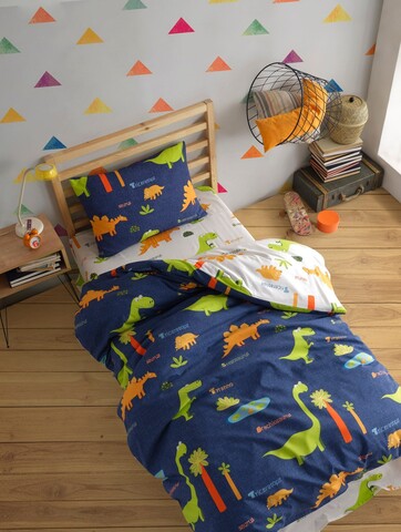 Lenjerie de pat pentru o persoana, Dinolar - Dark Blue, Eponj Home, 65% bumbac/35% poliester