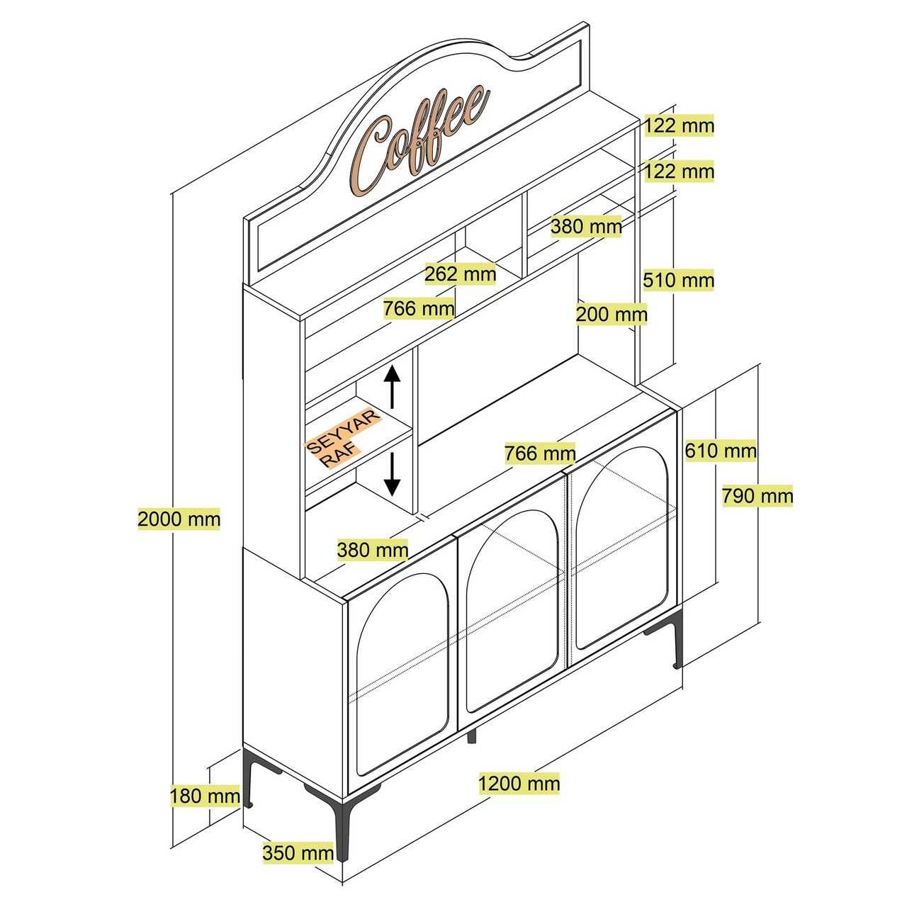 Dulap de bar pentru cafea, Hommy Craft, Lyon 120, 120x202x35 cm, PAL, Atlas / Negru
