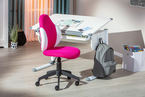Scaun de birou pentru copii Jessi, Inter Link, 52x56x94-103.5 cm, rotativ, plastic/poliester, roz/alb
