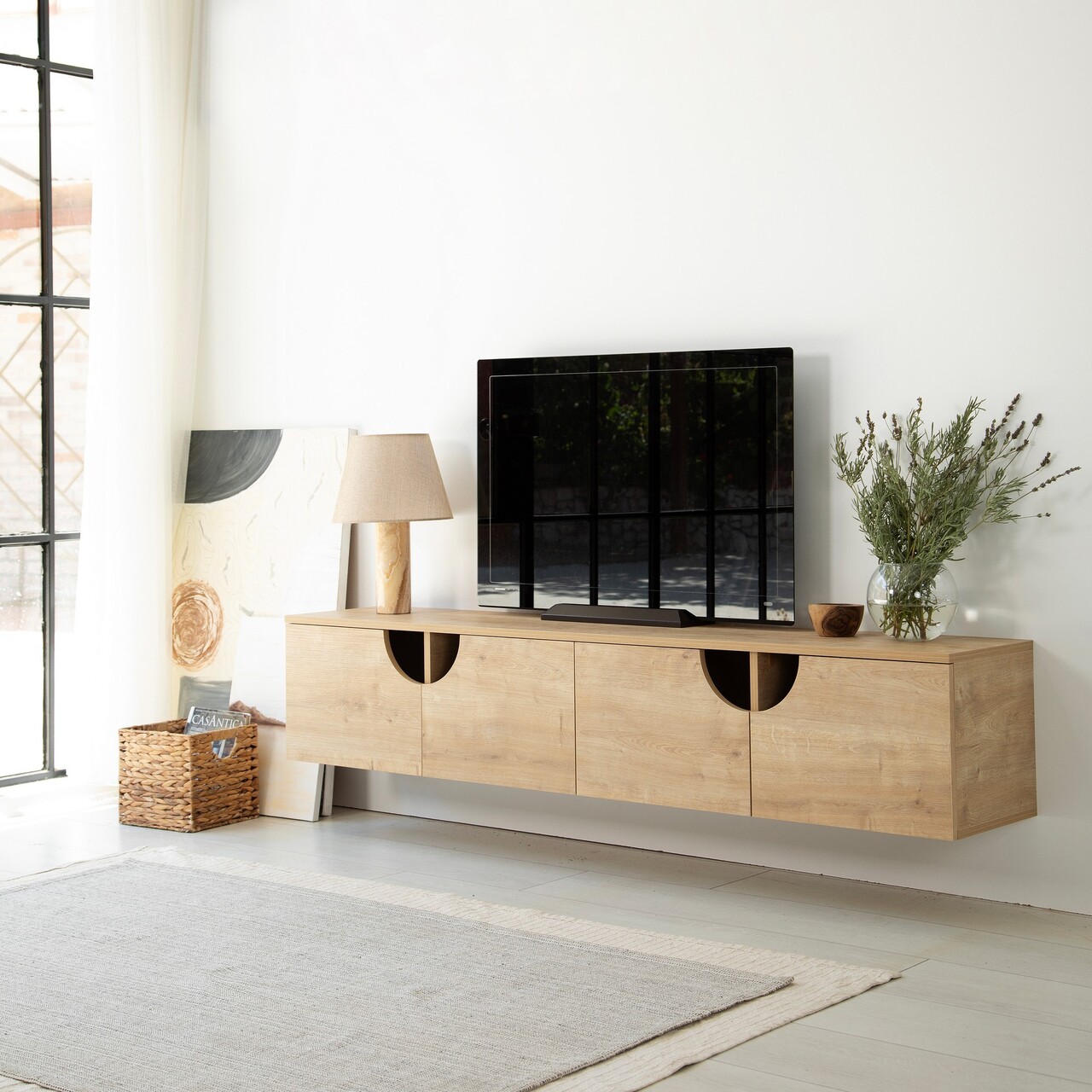 Comoda TV, Neostill, Grotte, 180x35x35 cm, Cadru: PAL MELAMINAT 100%., Stejar - 2 | YEO