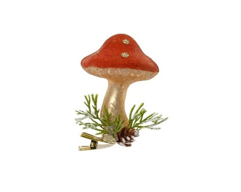 Decoratiune brad cu clips mushroom, decoris, 6x7 cm, sticla, rosu