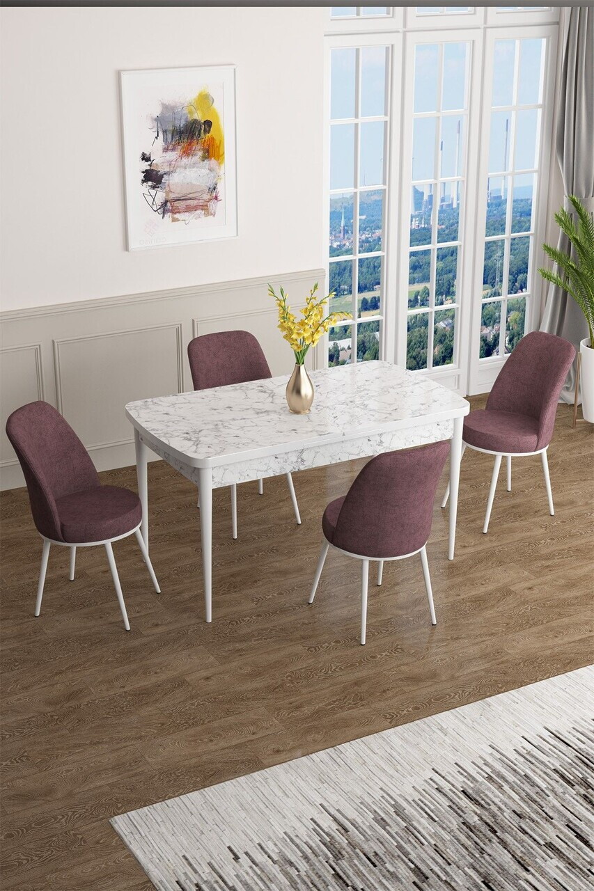 Set masa extensibila si scaune (5 piese), Hanah Home, Han, Model de marmură albă / Roz prăfuit