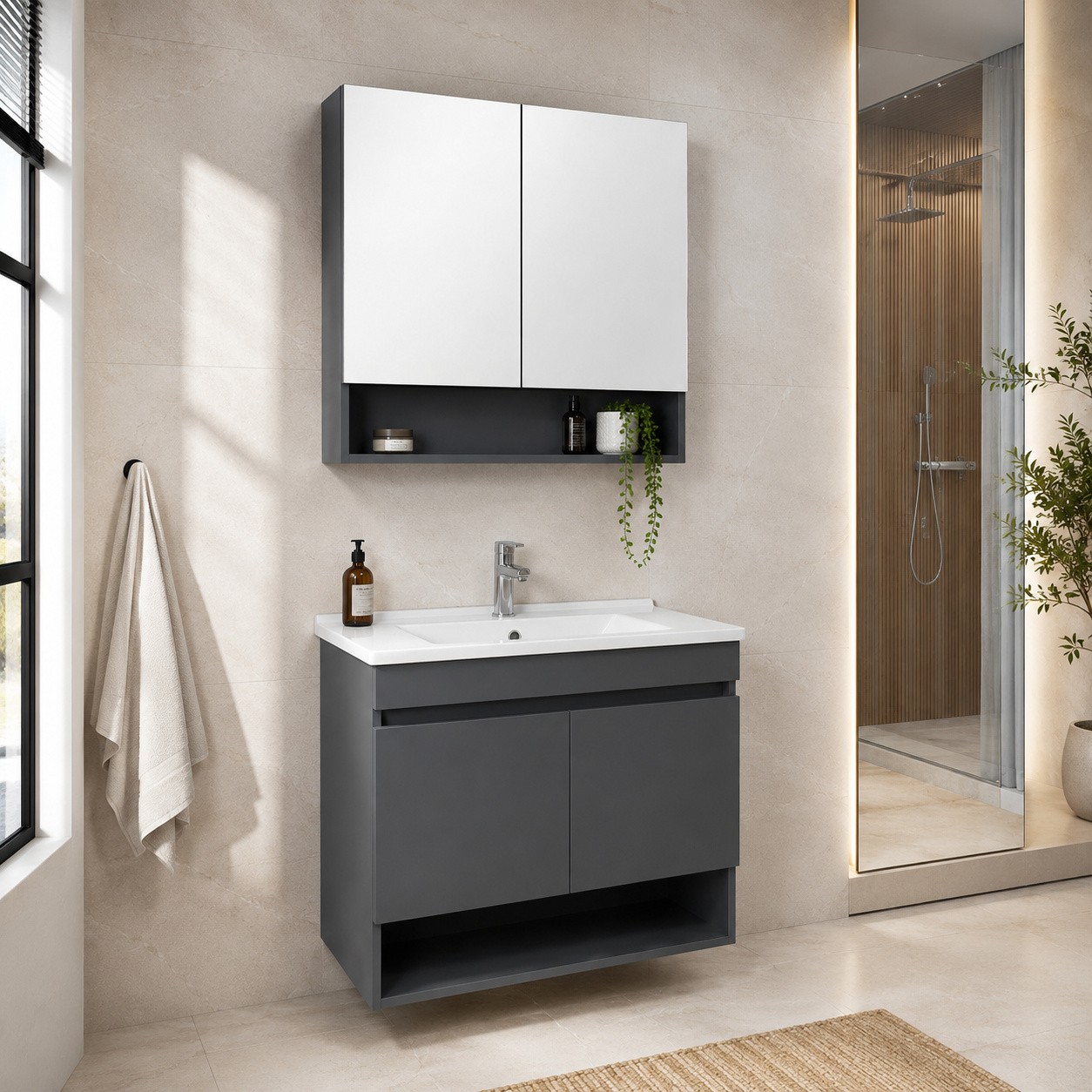 Set Dulap de Baie cu Chiuvetă și Oglindă (2 Piese), Hanah Home, Compacta 60, Gri carbon închis