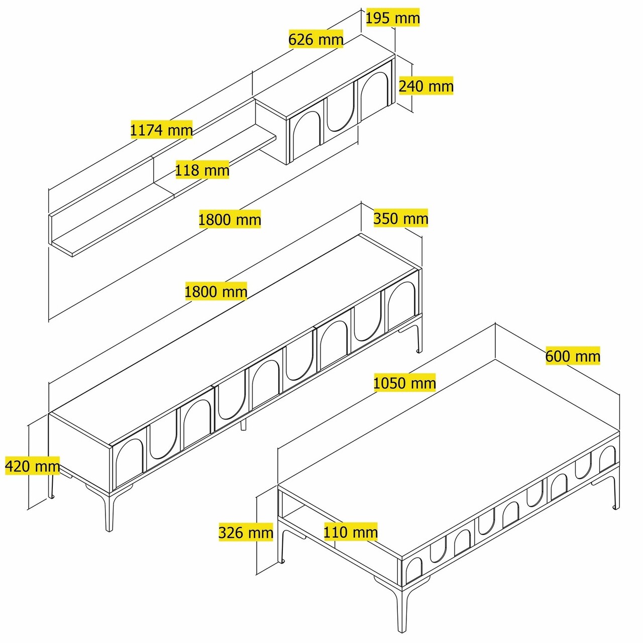 Set mobilier living, Hommy Craft, Lyon 3, PAL, Alb/Negru