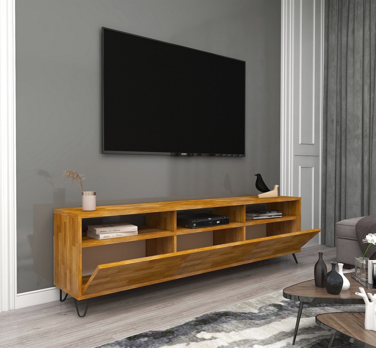 Comoda TV, Woodface, Holmes, 178 x 50 x 30 cm, pal melaminat, stejar - 2 | YEO