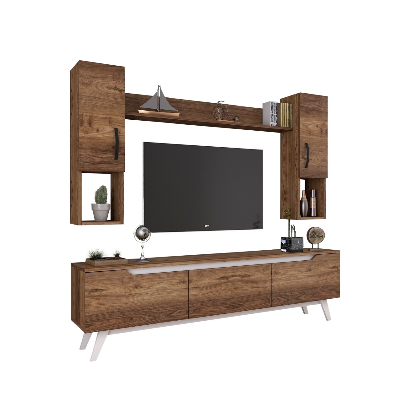 Comoda TV Cu Raft De Perete Si 2 Cabinete M27 - 833, Wren, 180 X 35 X 48.6 Cm/133 Cm, Walnut/white