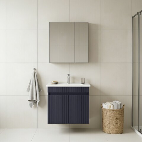 Set Dulap de Baie cu Chiuvetă și Oglindă (2 Piese), Hanah Home, Tivoli 65, Albastru marin mat